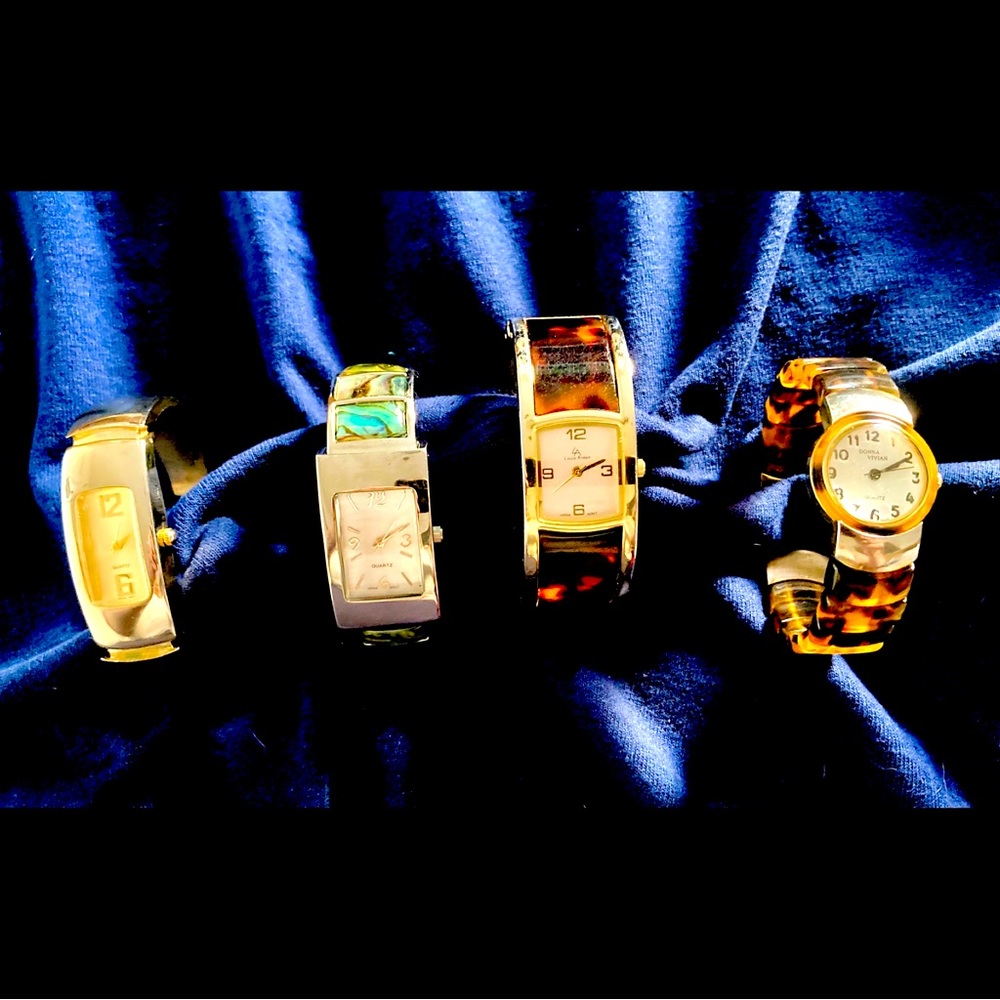 4 Gorgeous Ladies Cuff Bracelet Watches . Tortoise Shell . Abalone Shell .